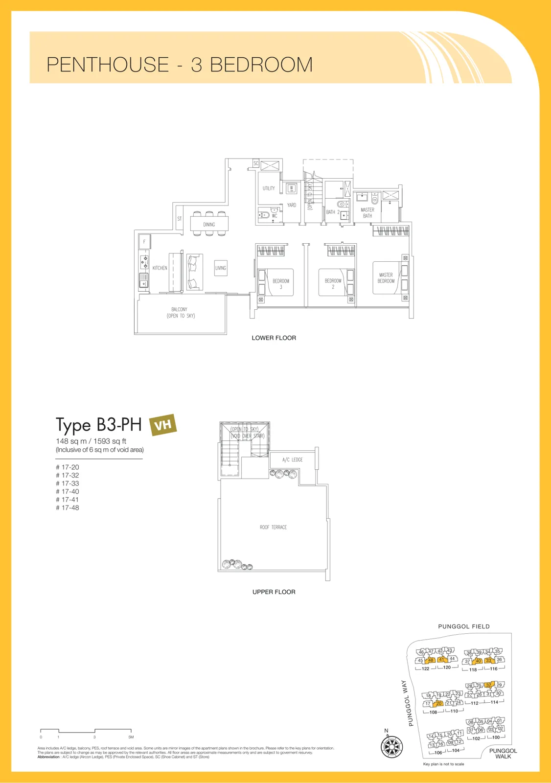 Twin Waterfalls floor plan, type B3-PH: Penthouse (3-bedroom), 1,593 sq ft