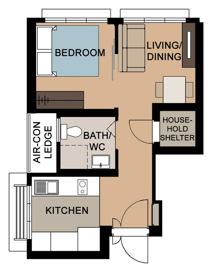 Ubi Grove floor plan, type 2F1: 2-Room Flexi (Type 1), 38 sqm, 409 sq ft