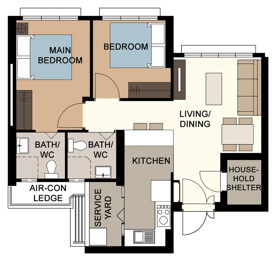 Ubi Grove floor plan, type 3R: 3-Room, 68 sqm, 732 sq ft