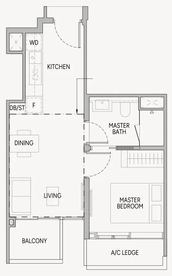 Union Square Residences floor plan, type A1: 1-Bedroom, 463 sq ft