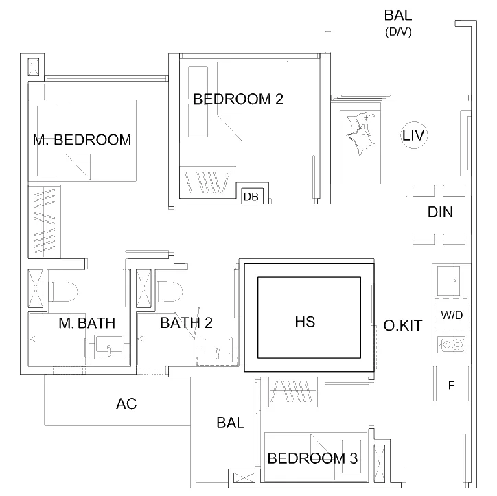 Uptown @ Farrer floor plan, type C1: Compact 3-Bedroom (some with loft), 700 sq ft