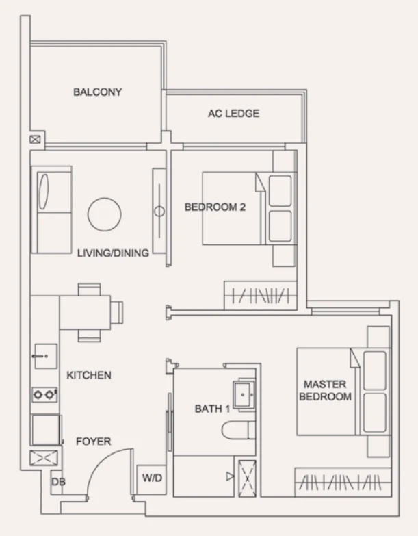 Urban Treasures floor plan, type 2B: 2-Bedroom, 635 sq ft