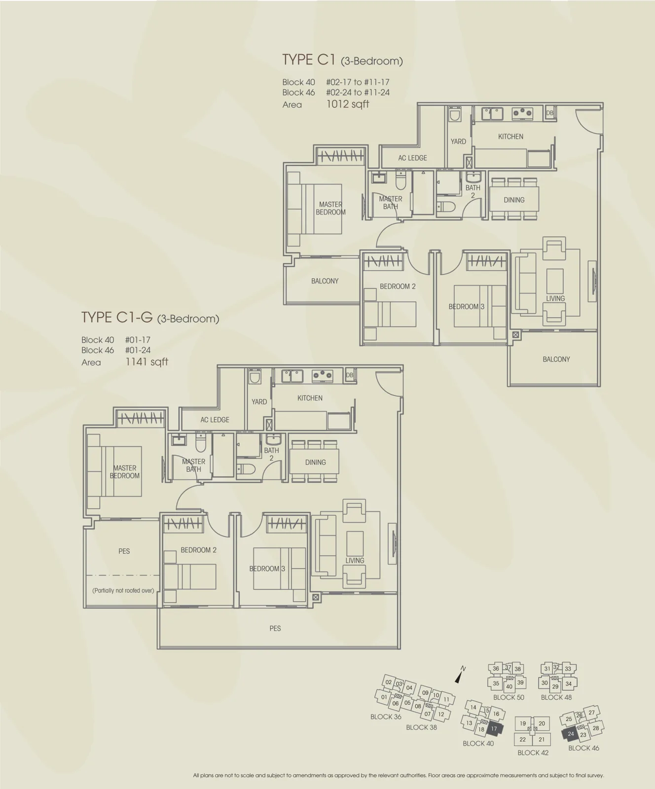 Vacanza @ East floor plan, type C1: 3-Bedroom, 1,012 sq ft