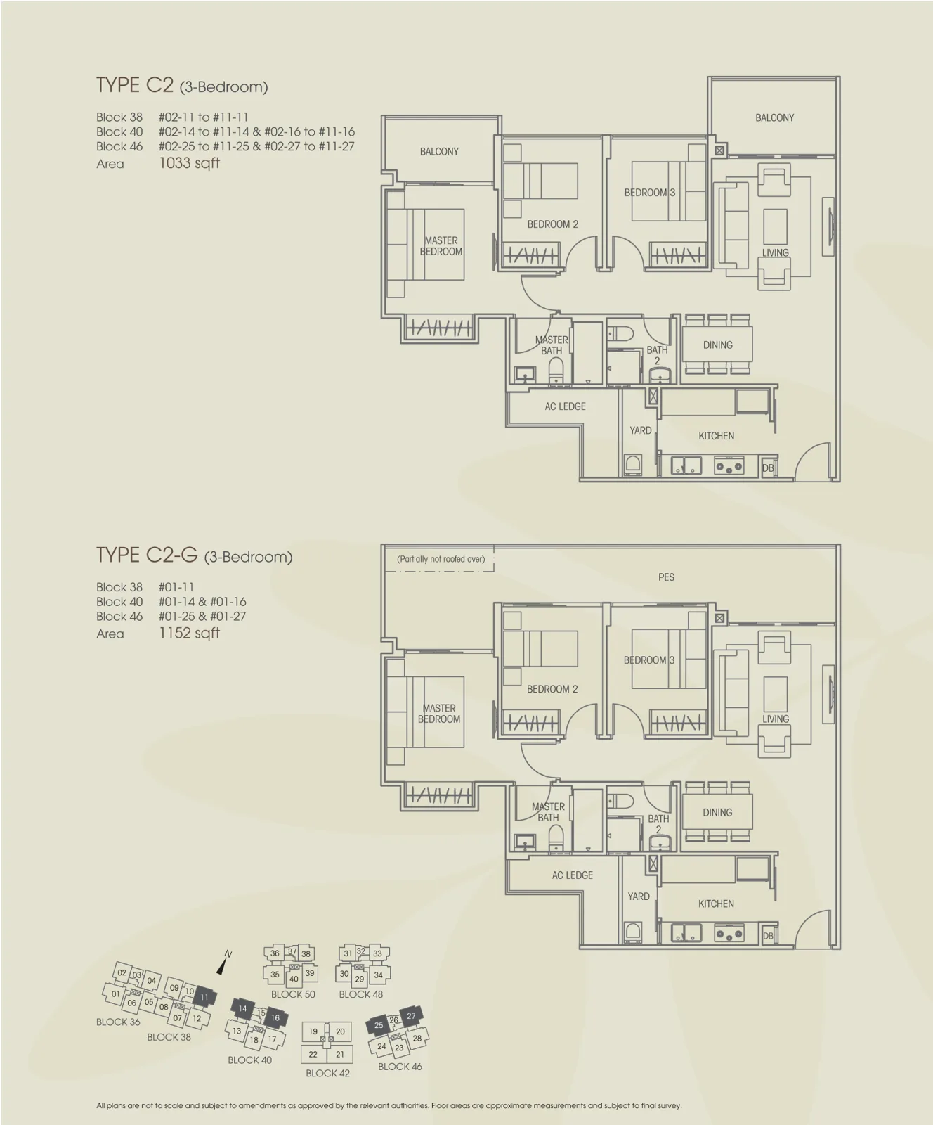 Vacanza @ East floor plan, type C2: 3-Bedroom, 1,033 sq ft