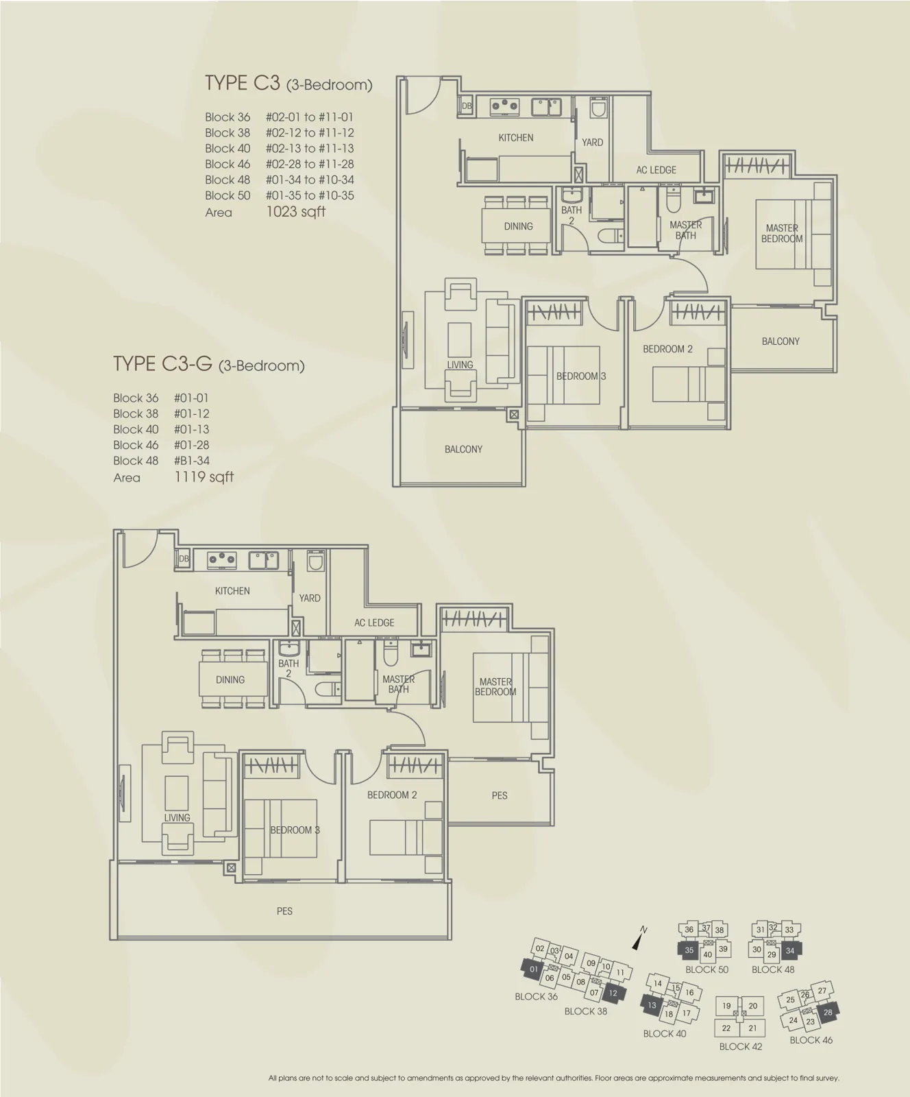 Vacanza @ East floor plan, type C3: 3-Bedroom, 1,023 sq ft