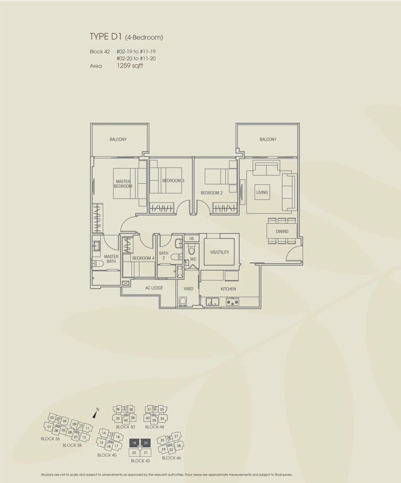 Vacanza @ East floor plan, type D1: 4-Bedroom, 1,259 sq ft