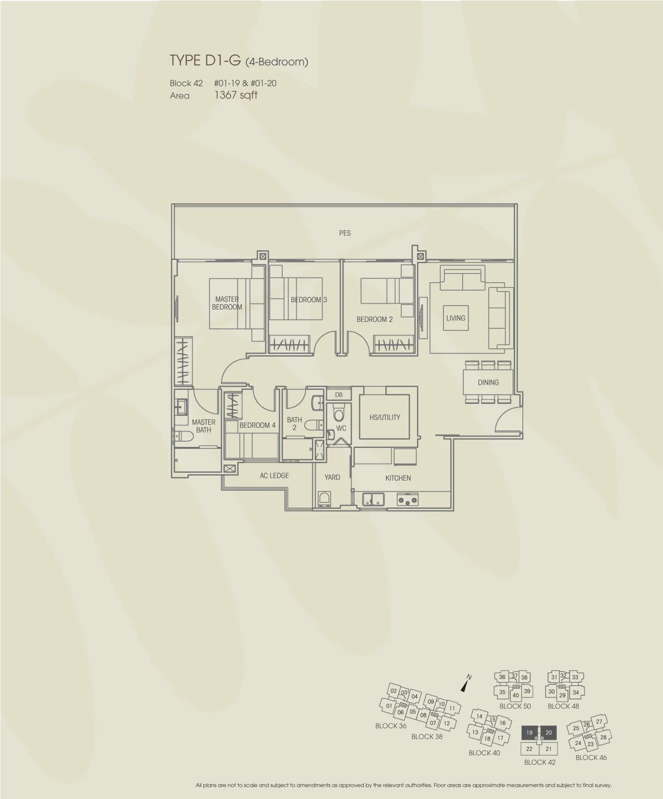 Vacanza @ East floor plan, type D1-G: 4-Bedroom, 1,367 sq ft