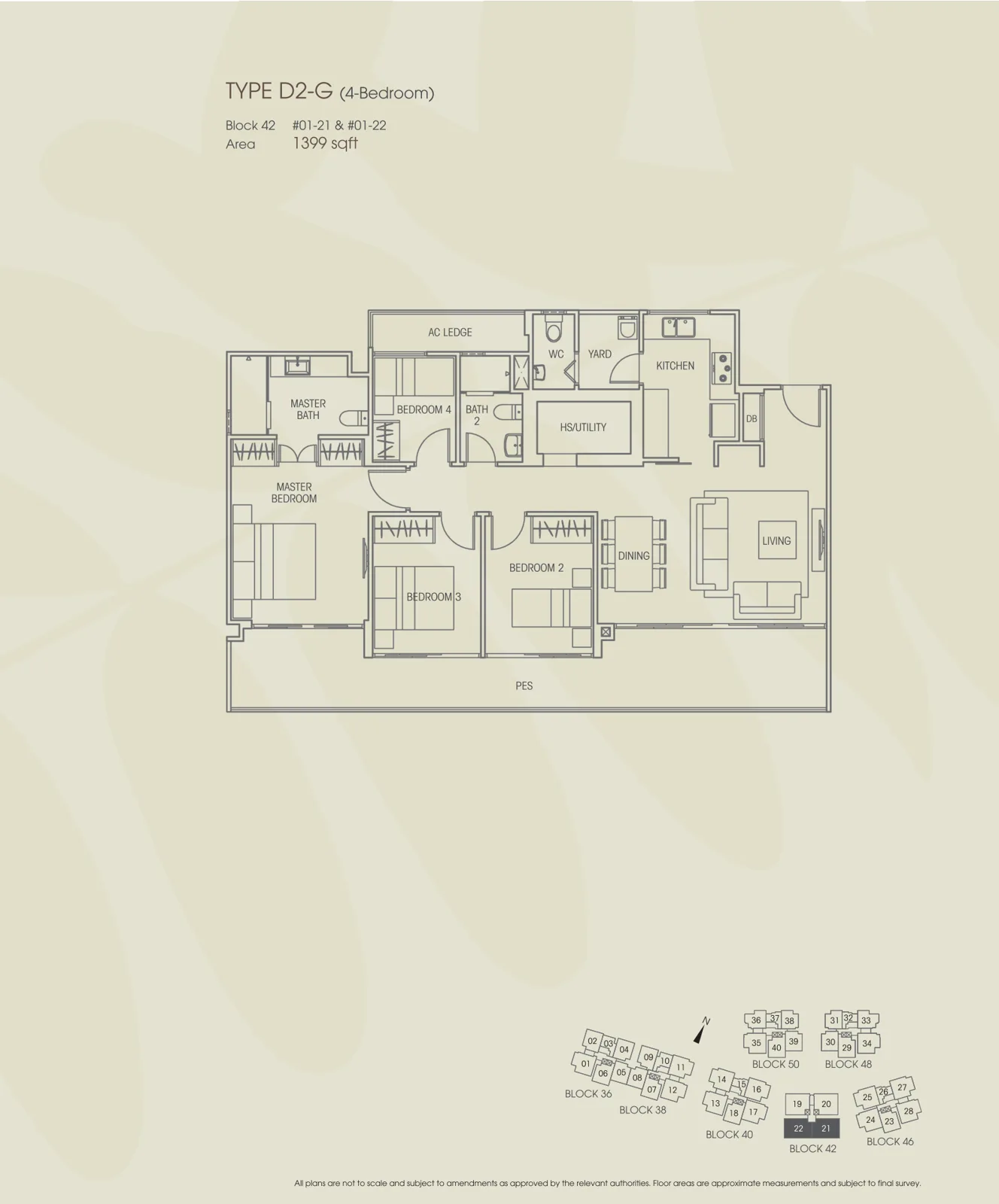 Vacanza @ East floor plan, type D2-G: 4-Bedroom, 1,399 sq ft