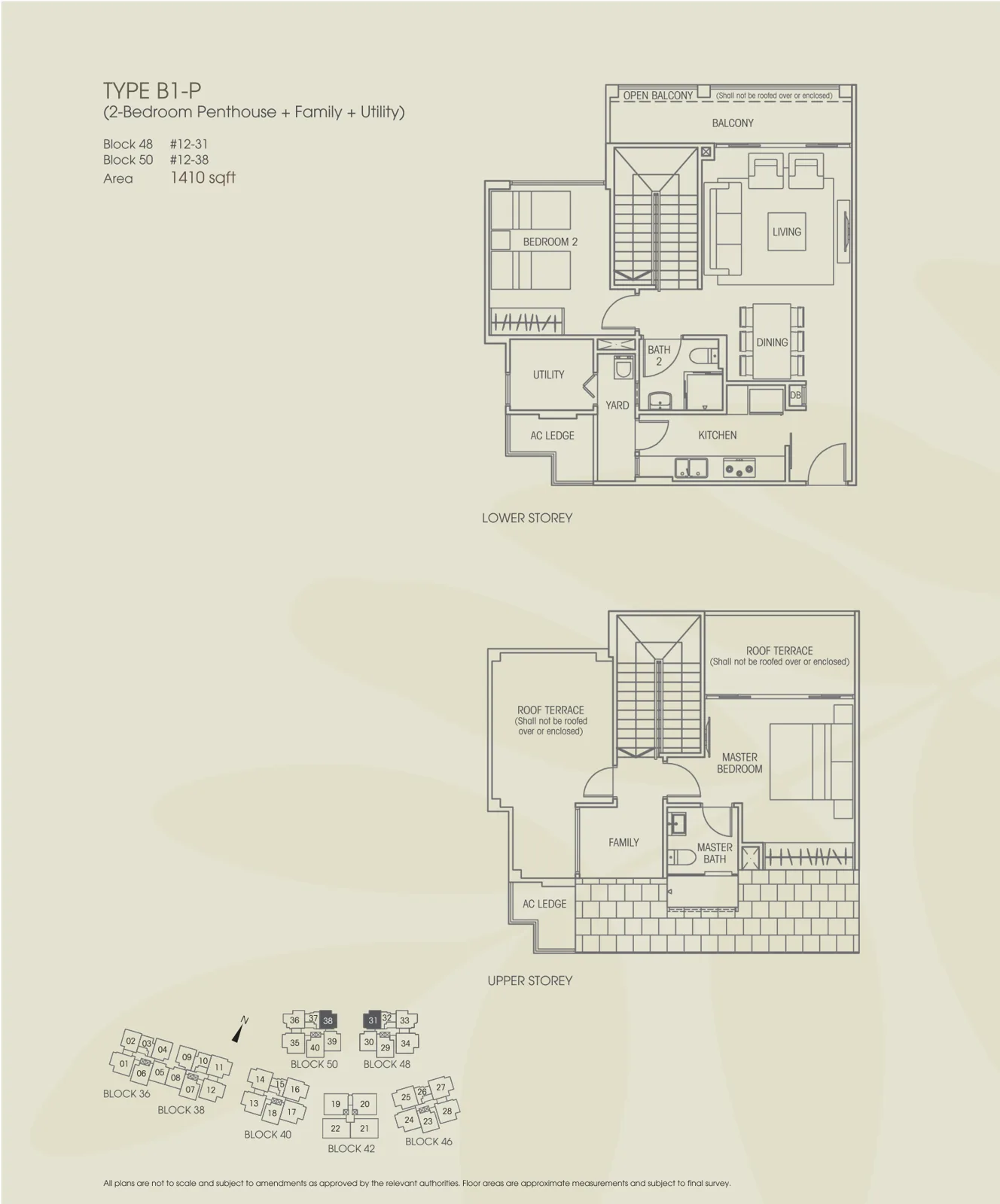Vacanza @ East floor plan, type B1-P: Penthouse (2-Bedroom + Family), 1,410 sq ft