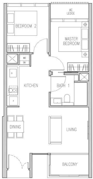 Van Holland floor plan, type B1: 2-Bedroom, 657 sq ft