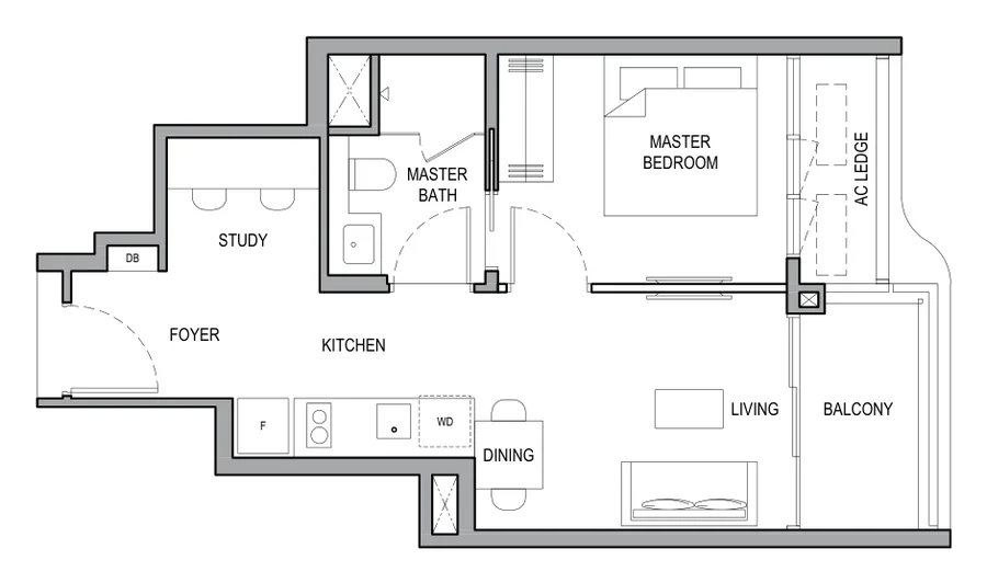 Vela Bay floor plan, type 1BR+S (A): 1-Bedroom + Study, 484 sq ft
