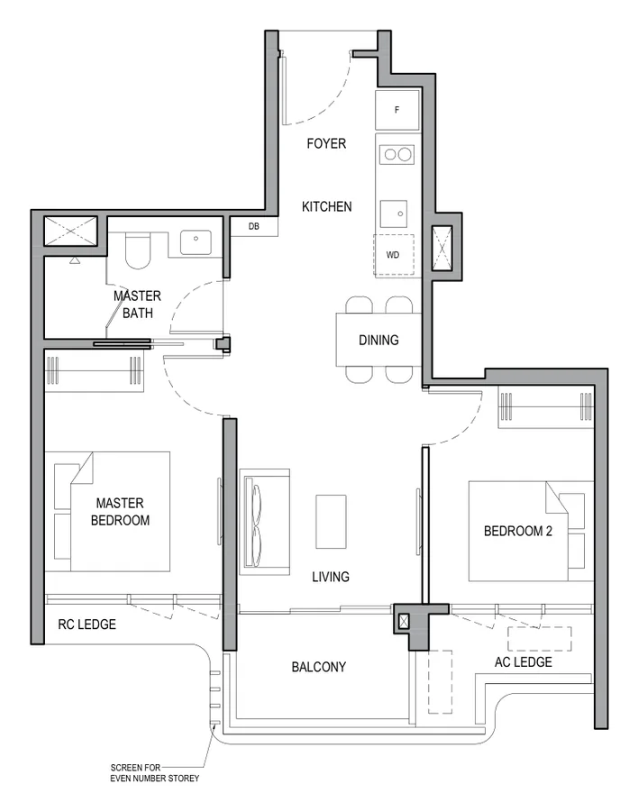 Vela Bay floor plan, type 2BR (A): 2-Bedroom, 592 sq ft