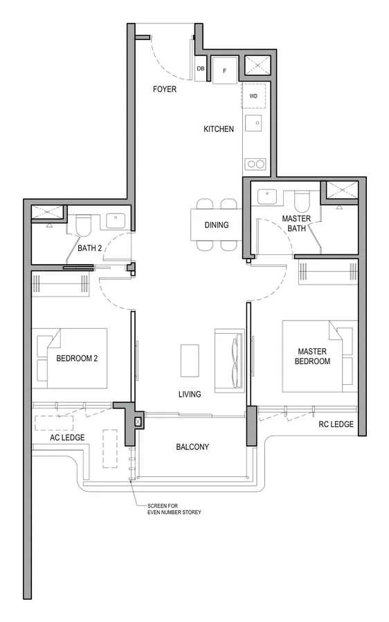 Vela Bay floor plan, type 2BR P (A): 2-Bedroom Premium, 689 sq ft