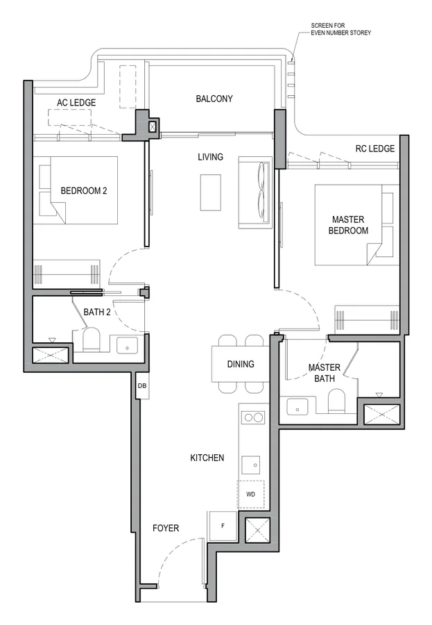 Vela Bay floor plan, type 2BR P (B): 2-Bedroom Premium, 689 sq ft