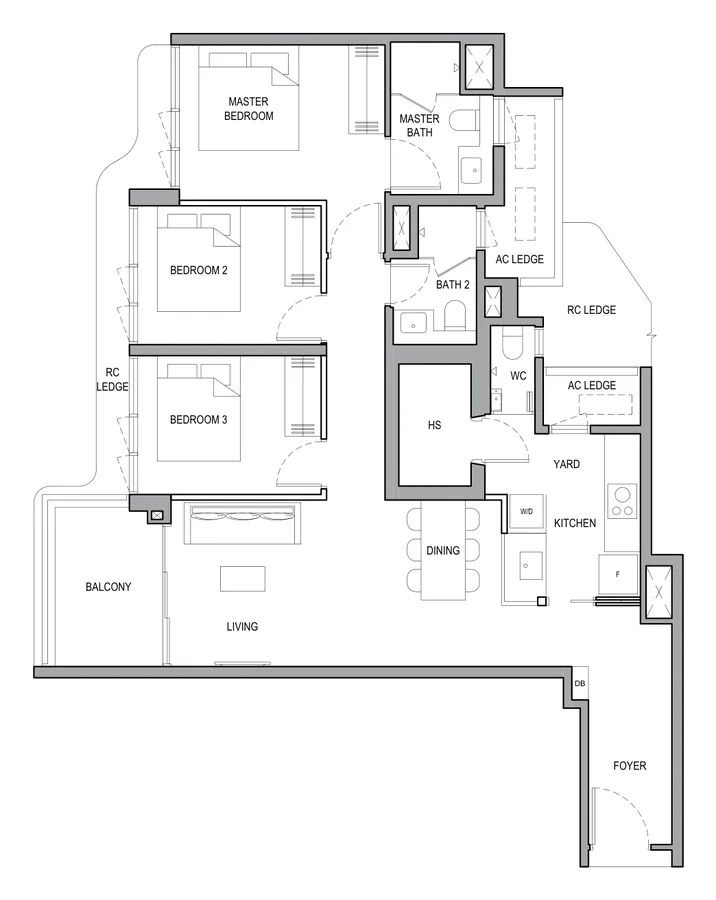 Vela Bay floor plan, type 3BR P (A): 3-Bedroom Premium, 1,033 sq ft
