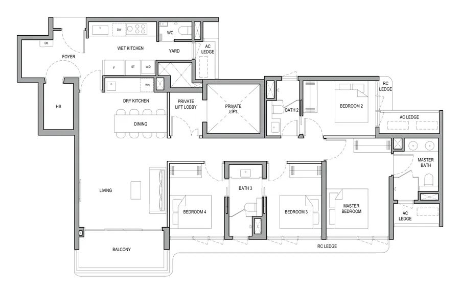 Vela Bay floor plan, type 4BR PL: 4-Bedroom (Private Lift), 1,378 sq ft
