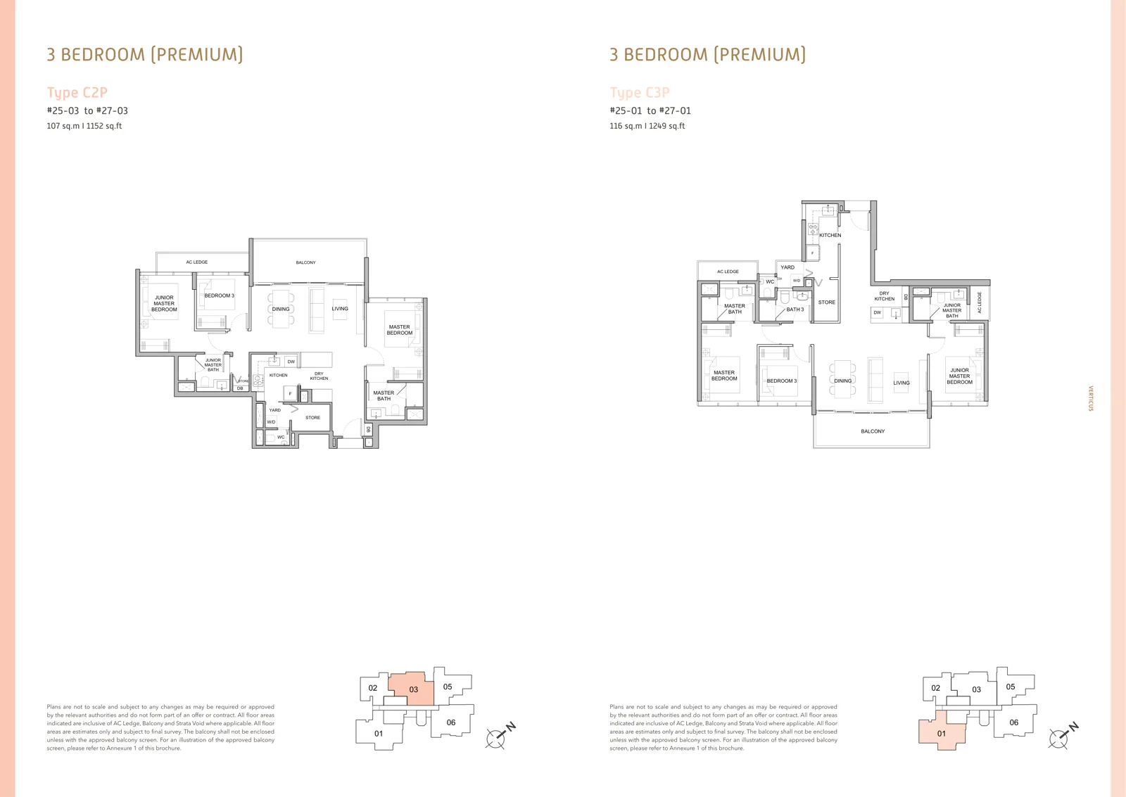 Verticus floor plan, type C2P: 3-Bedroom (Premium), 1,152 sq ft