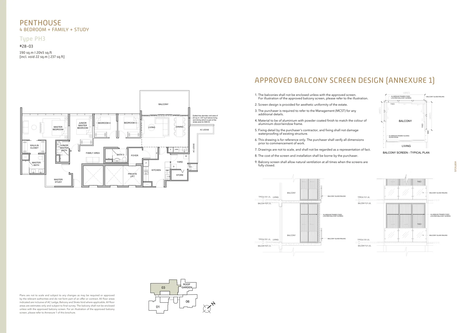 Verticus floor plan, type PH3: Penthouse, 4 bedrooms + family + study, 2,045 sq ft