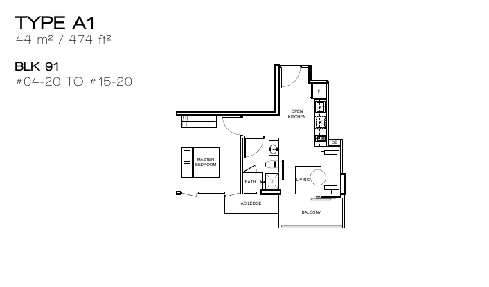 Vue 8 Residence floor plan, type A1: 1-Bedroom, 474 sq ft
