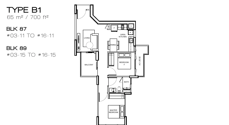 Vue 8 Residence floor plan, type B1: 2-Bedroom, 700 sq ft