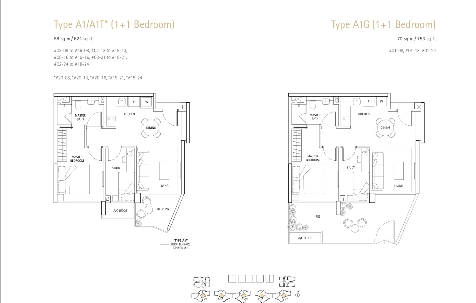 Waterbank @ Dakota floor plan, type A1: 1-Bedroom + Study, 624 sq ft