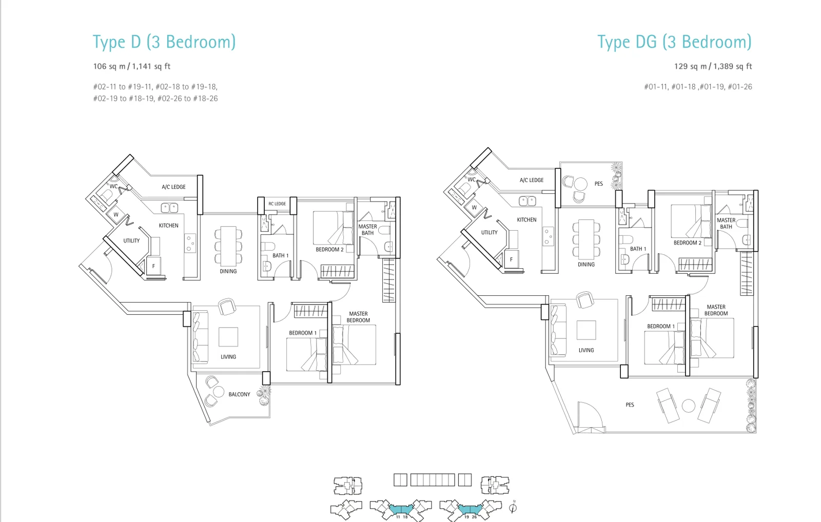 Waterbank @ Dakota floor plan, type D: 3-Bedroom, 1,141 sq ft