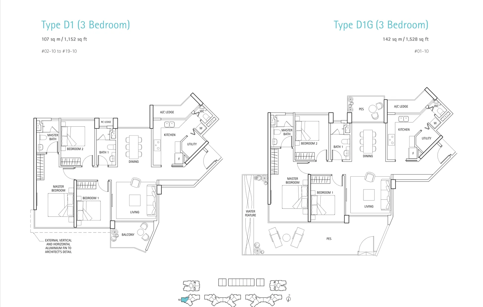 Waterbank @ Dakota floor plan, type D1: 3-Bedroom, 1,152 sq ft