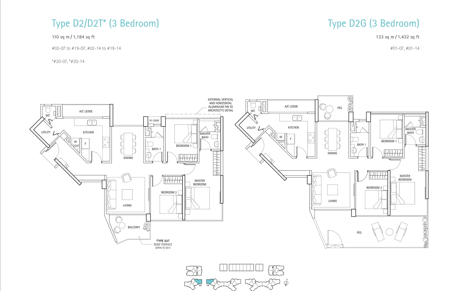 Waterbank @ Dakota floor plan, type D2: 3-Bedroom, 1,184 sq ft