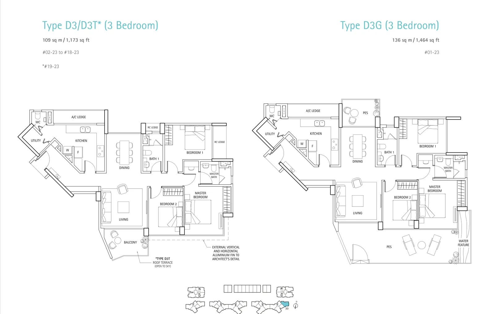 Waterbank @ Dakota floor plan, type D3: 3-Bedroom, 1,173 sq ft