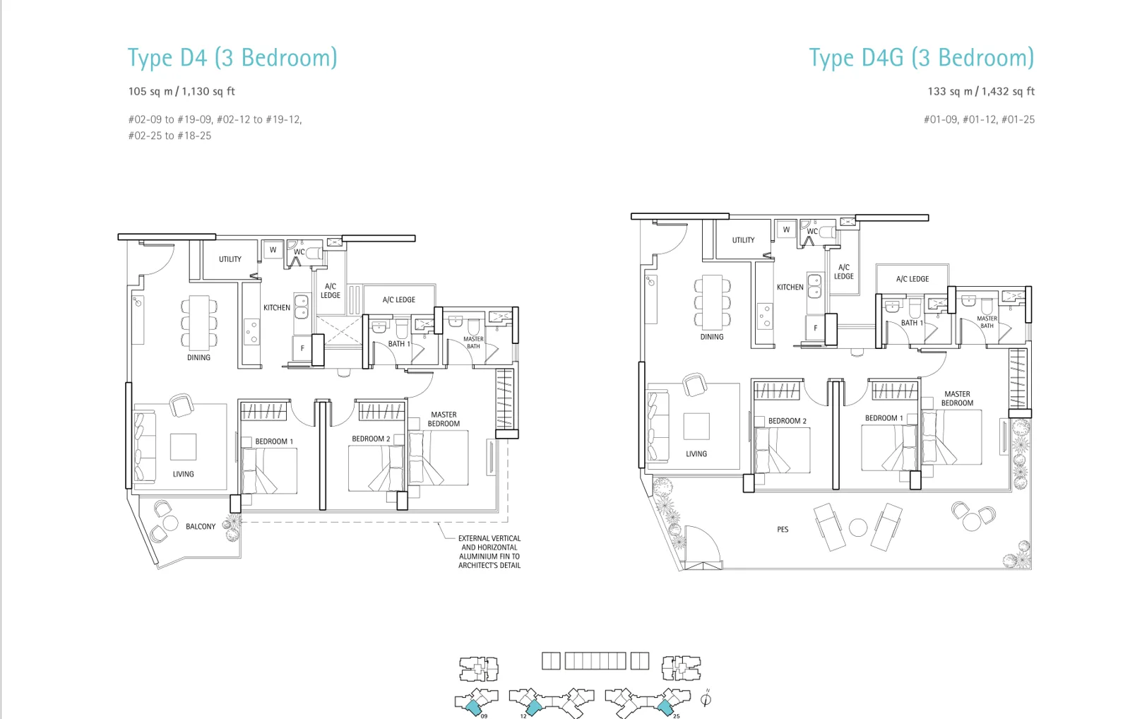 Waterbank @ Dakota floor plan, type D4: 3-Bedroom, 1,130 sq ft