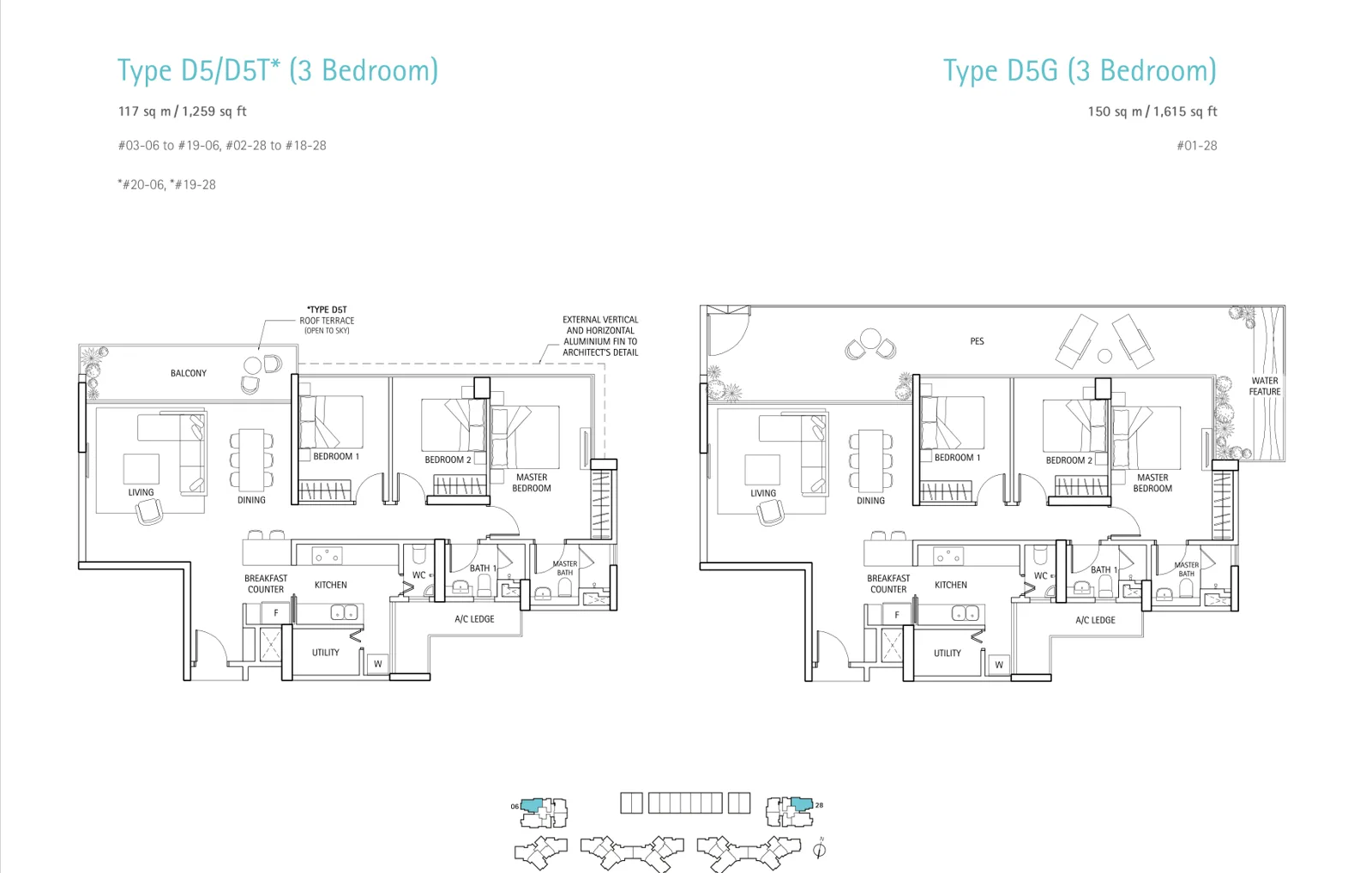 Waterbank @ Dakota floor plan, type D5: 3-Bedroom, 1,259 sq ft