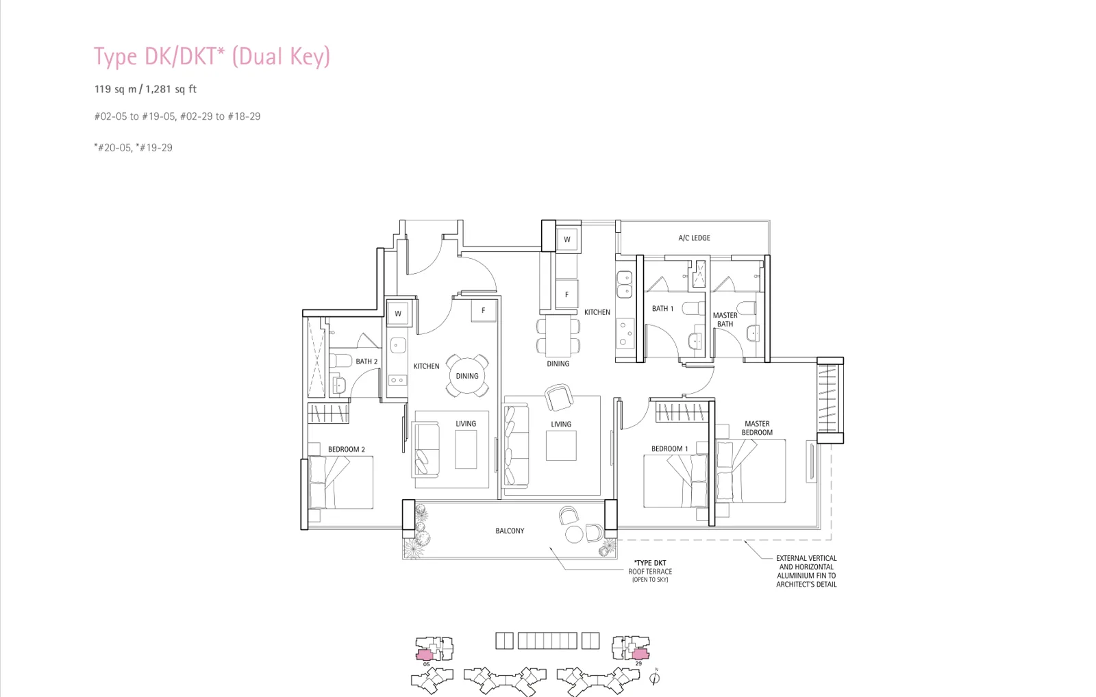 Waterbank @ Dakota floor plan, type DK: 3-Bedroom Dual Key, 1,281 sq ft