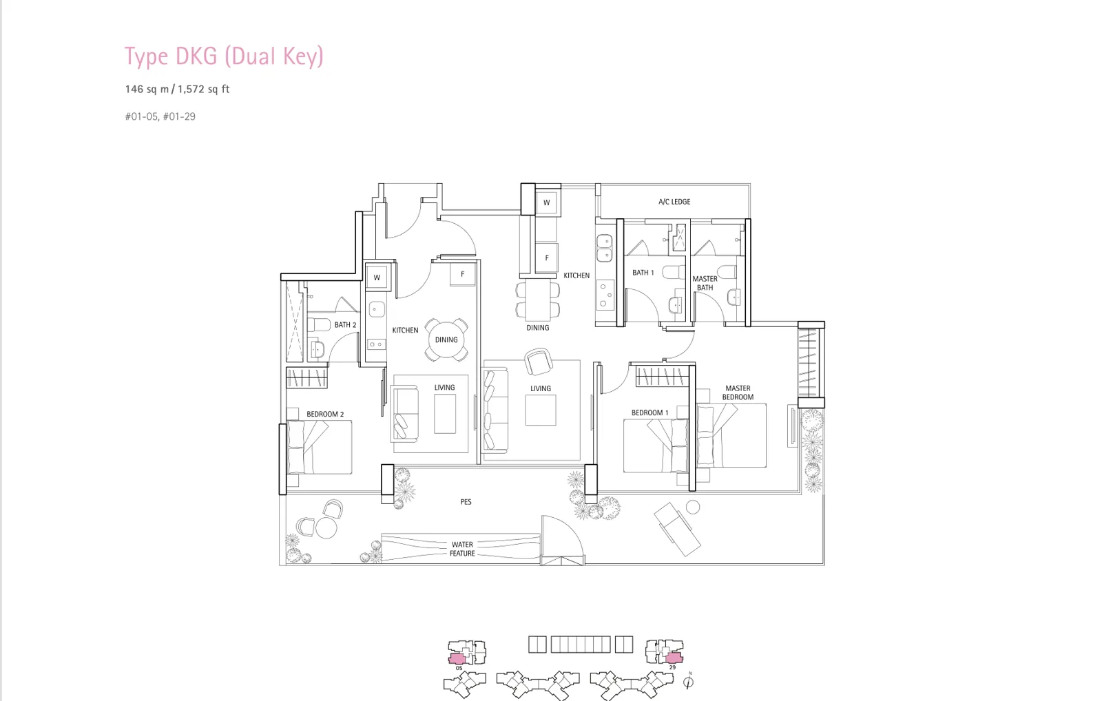 Waterbank @ Dakota floor plan, type DKG: 3-Bedroom Dual Key, 1,572 sq ft