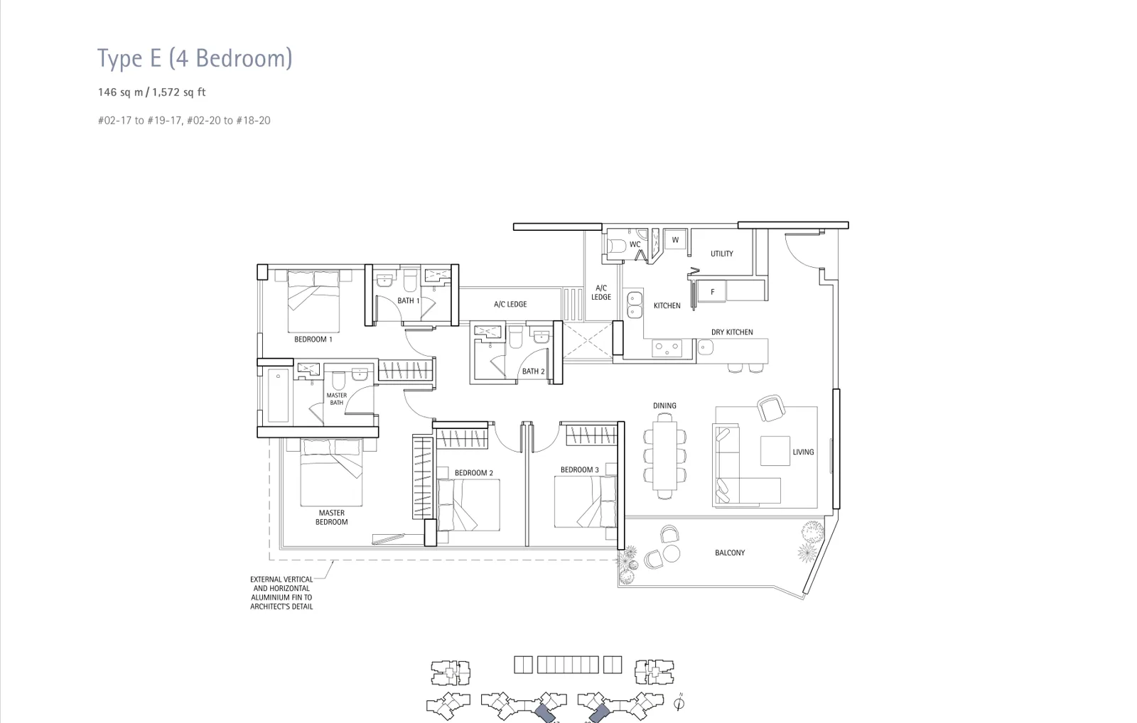 Waterbank @ Dakota floor plan, type E: 4-Bedroom, 1,572 sq ft