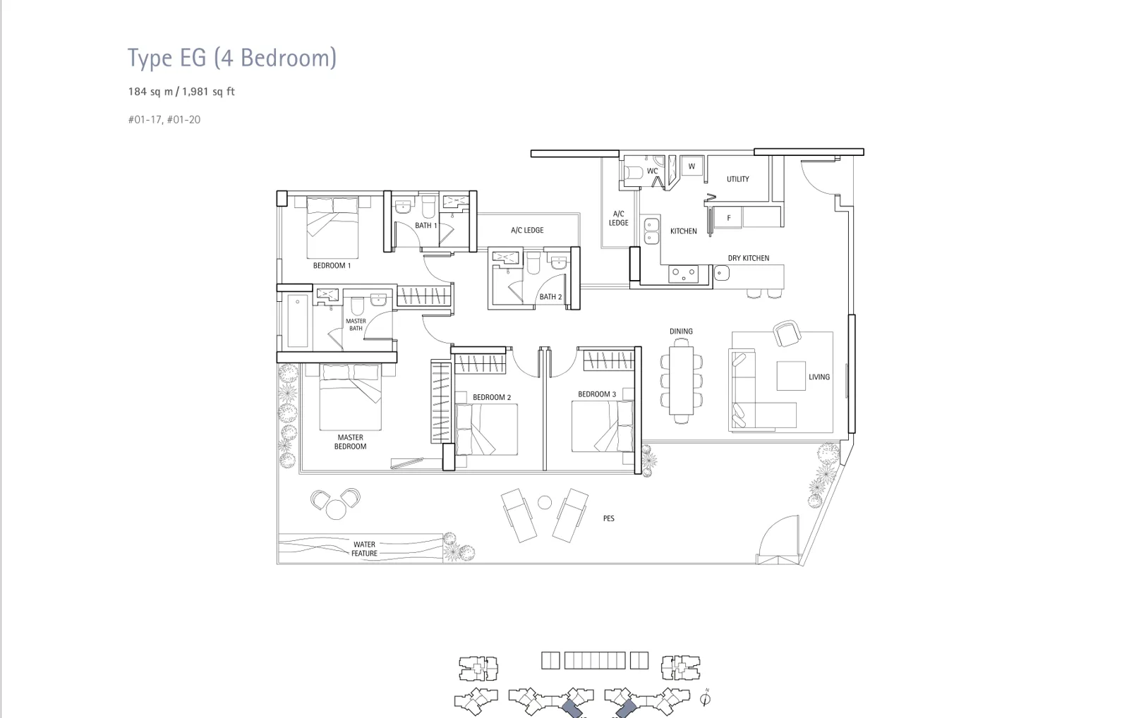 Waterbank @ Dakota floor plan, type EG: 4-Bedroom, 1,981 sq ft