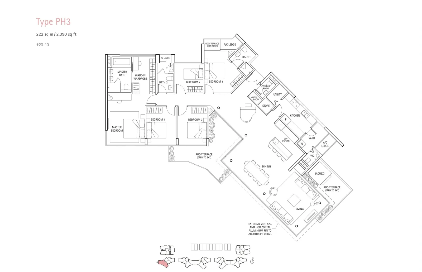Waterbank @ Dakota floor plan, type PH3: Penthouse (5-Bedroom), 2,390 sq ft