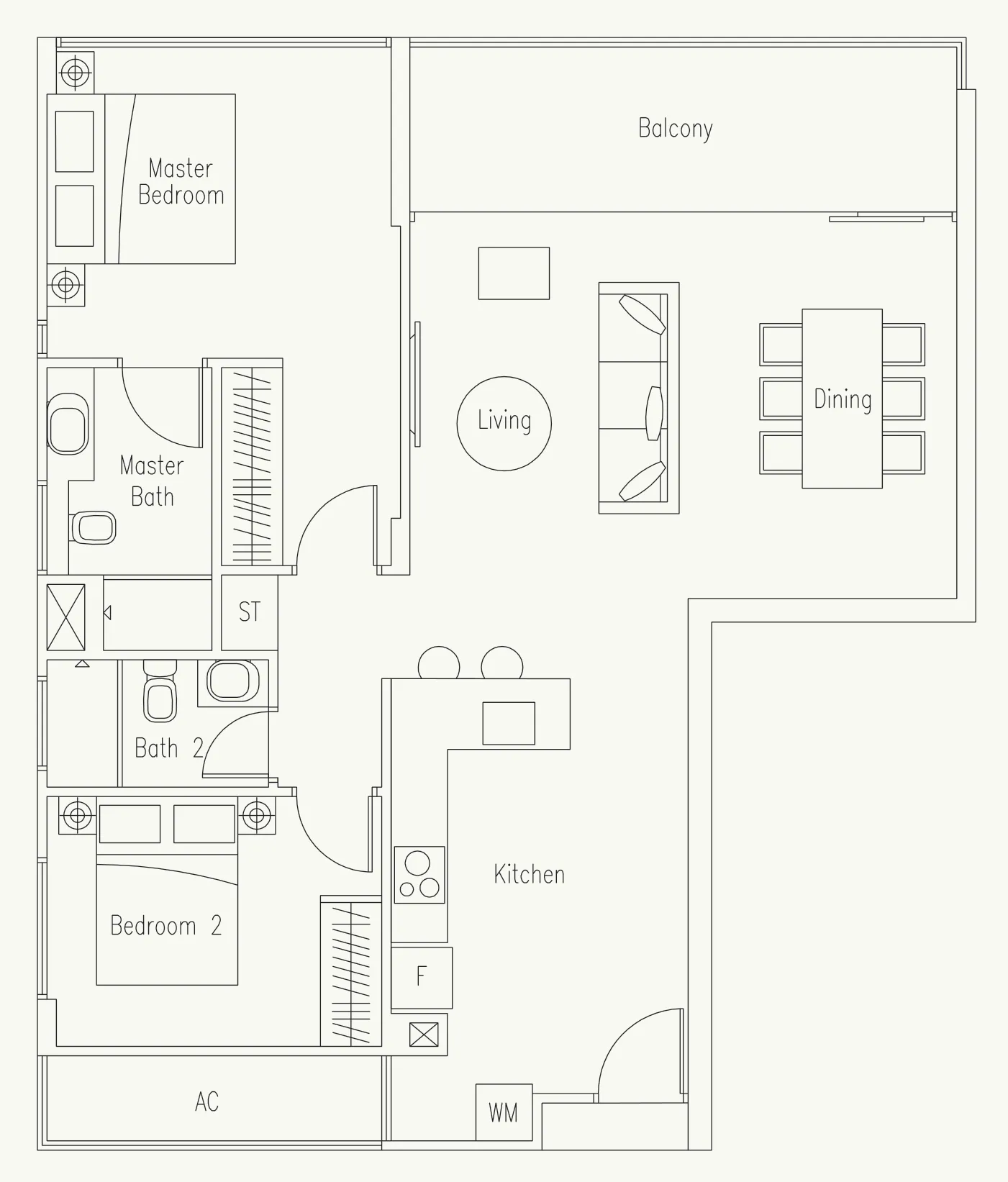 Waterscape at Cavenagh floor plan, type B: 2-Bedroom, 1,066 sq ft