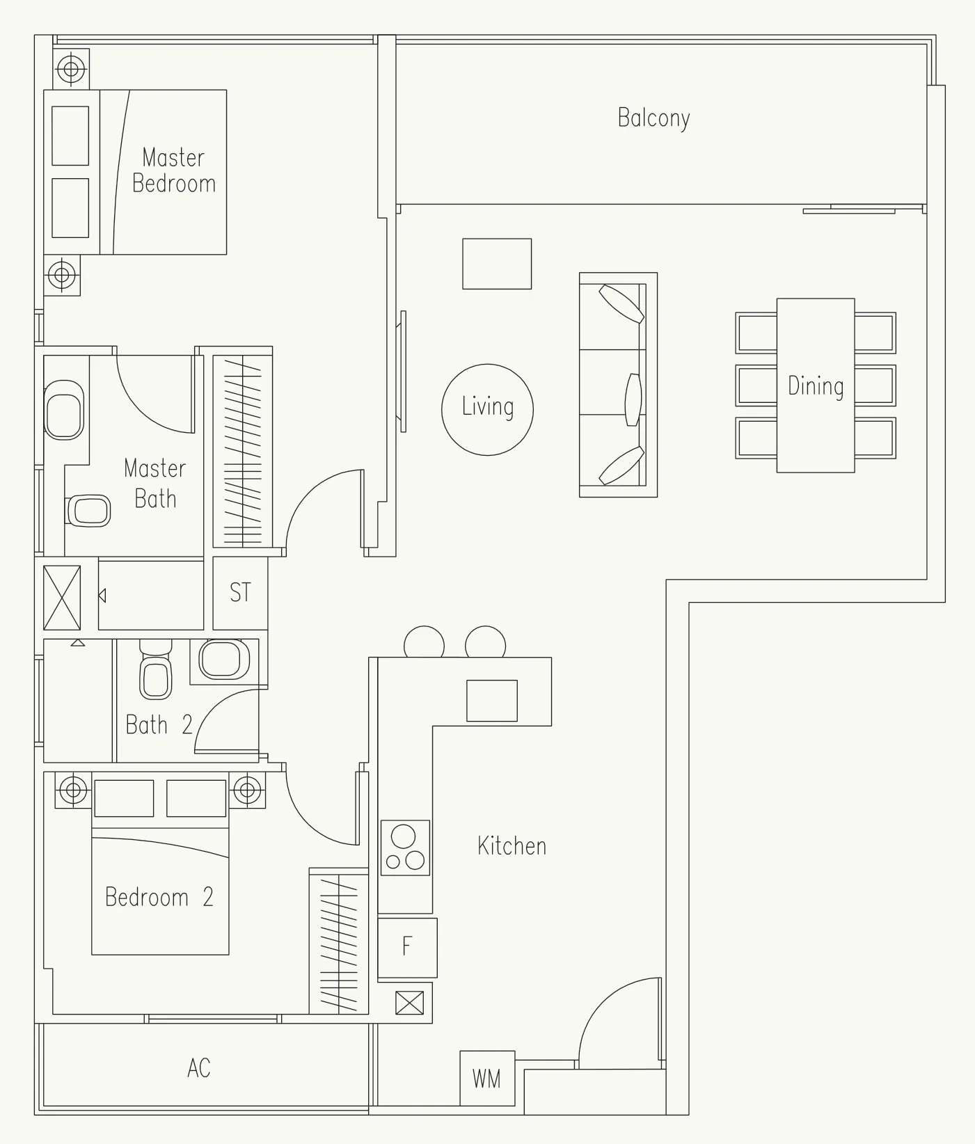 Waterscape at Cavenagh floor plan, type B1: 2-Bedroom, 1,066 sq ft