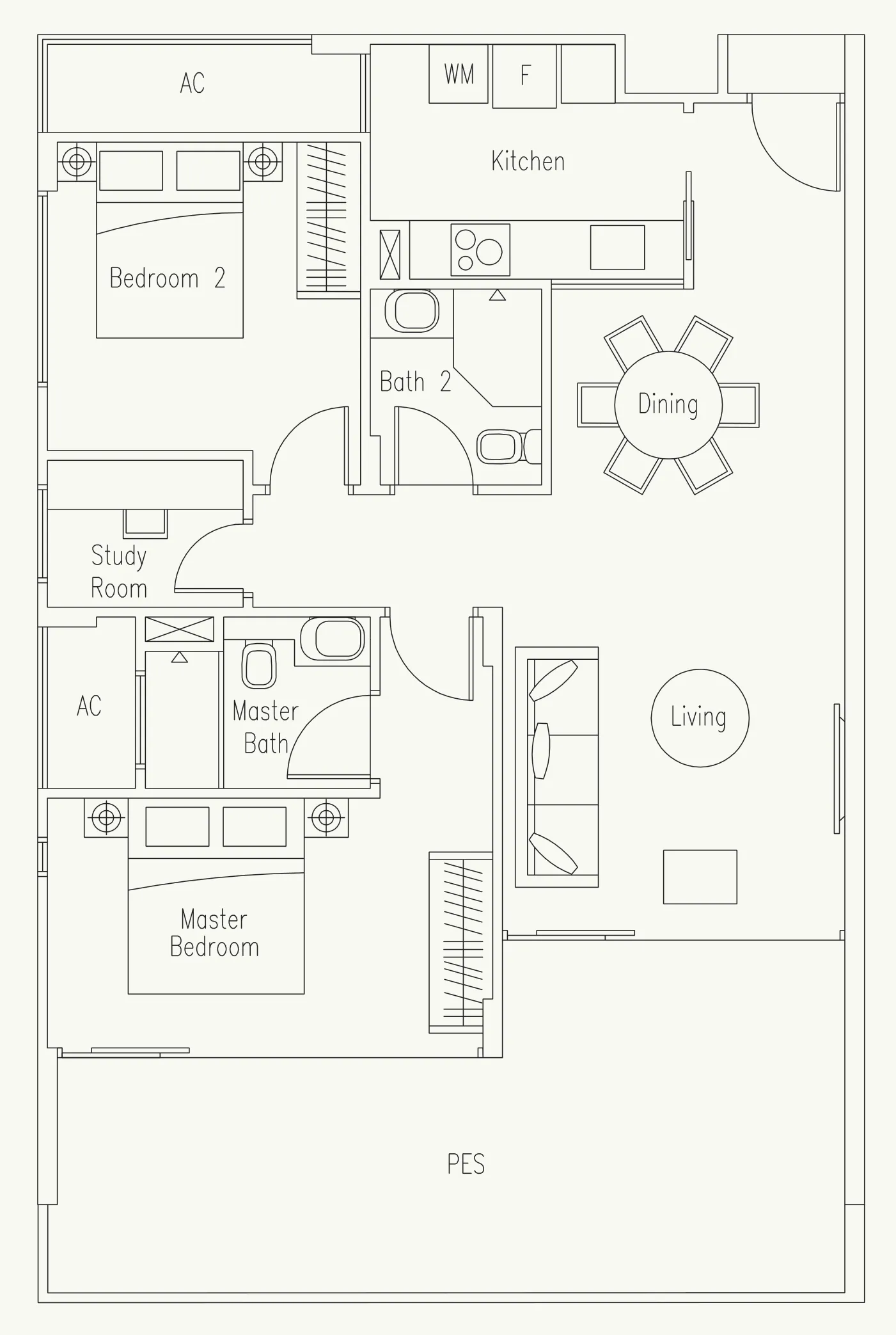 Waterscape at Cavenagh floor plan, type B3-G: 2-Bedroom + Study, 1,141 sq ft