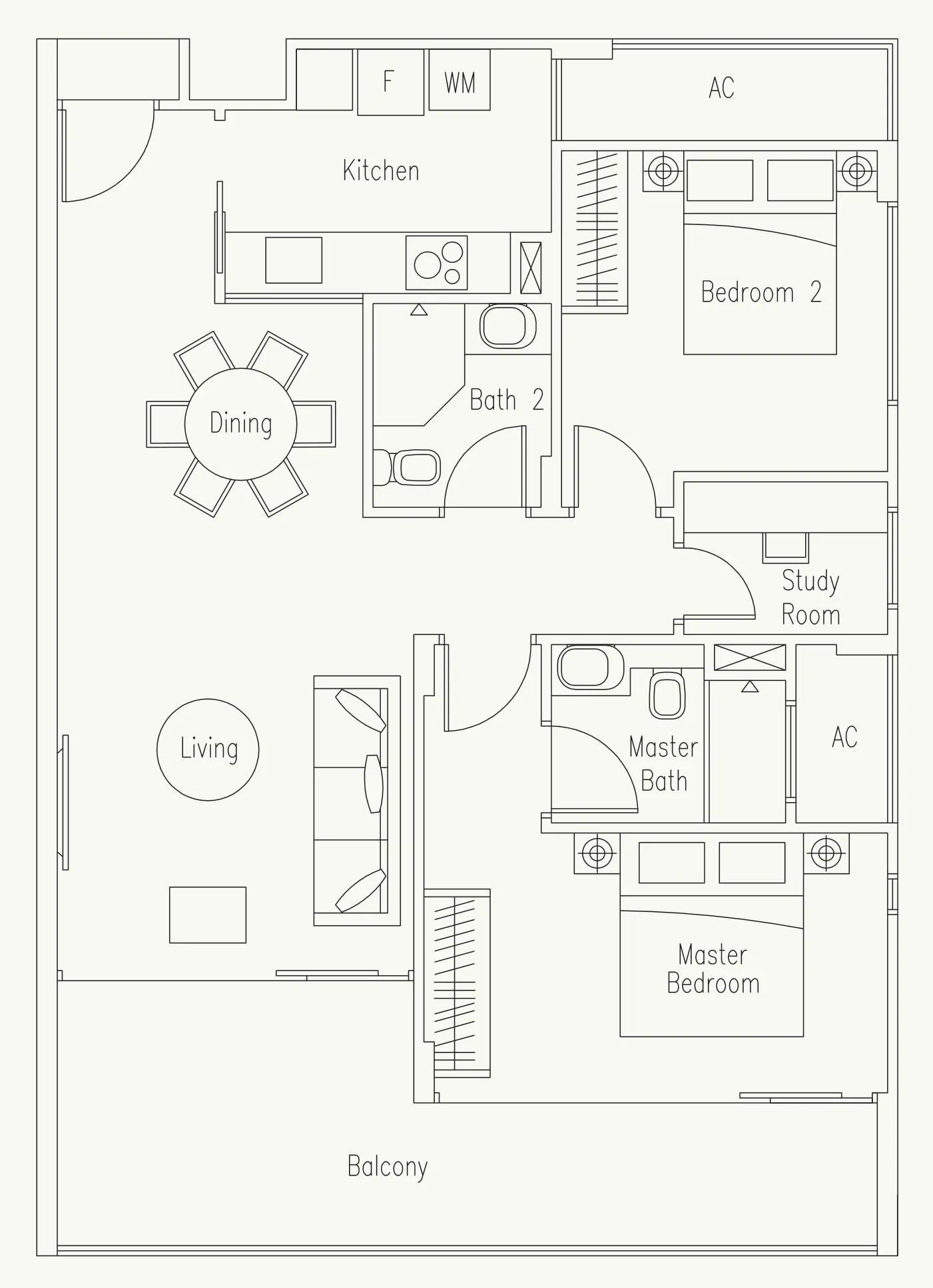 Waterscape at Cavenagh floor plan, type B3: 2-Bedroom + Study, 1,055 sq ft