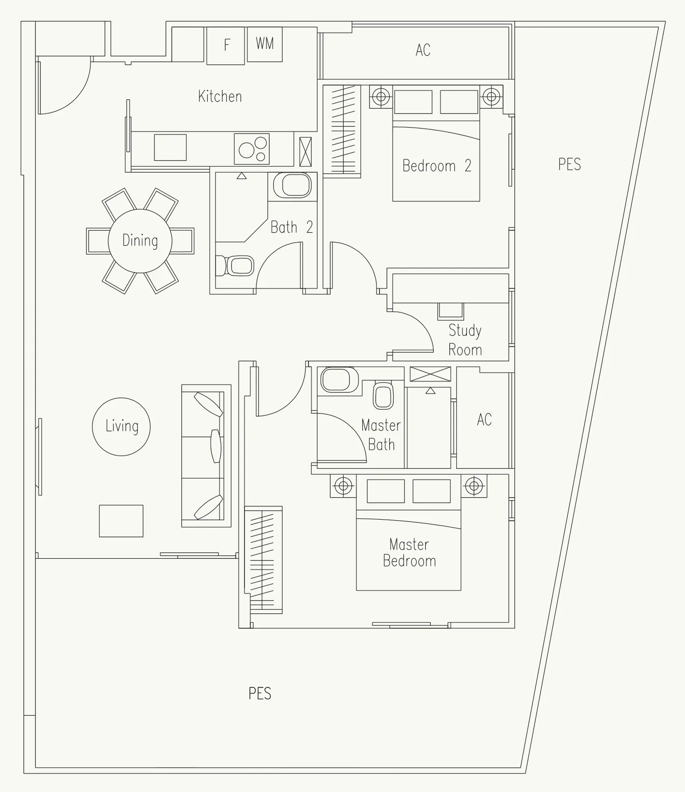 Waterscape at Cavenagh floor plan, type B4-G: 2-Bedroom + Study, 1,324 sq ft