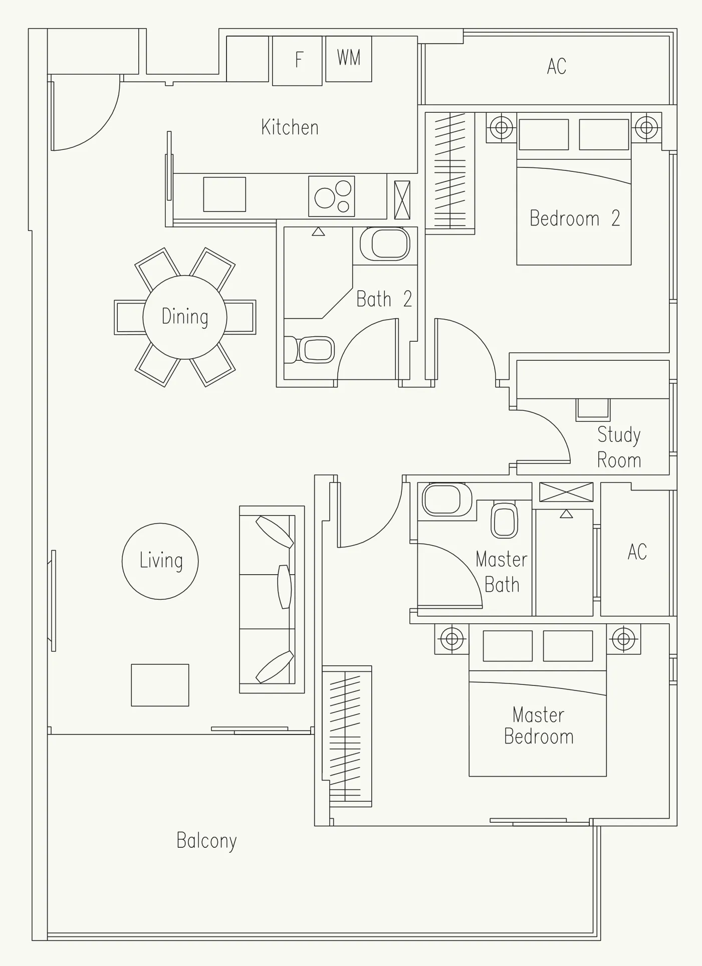 Waterscape at Cavenagh floor plan, type B4: 2-Bedroom + Study, 1,033 sq ft