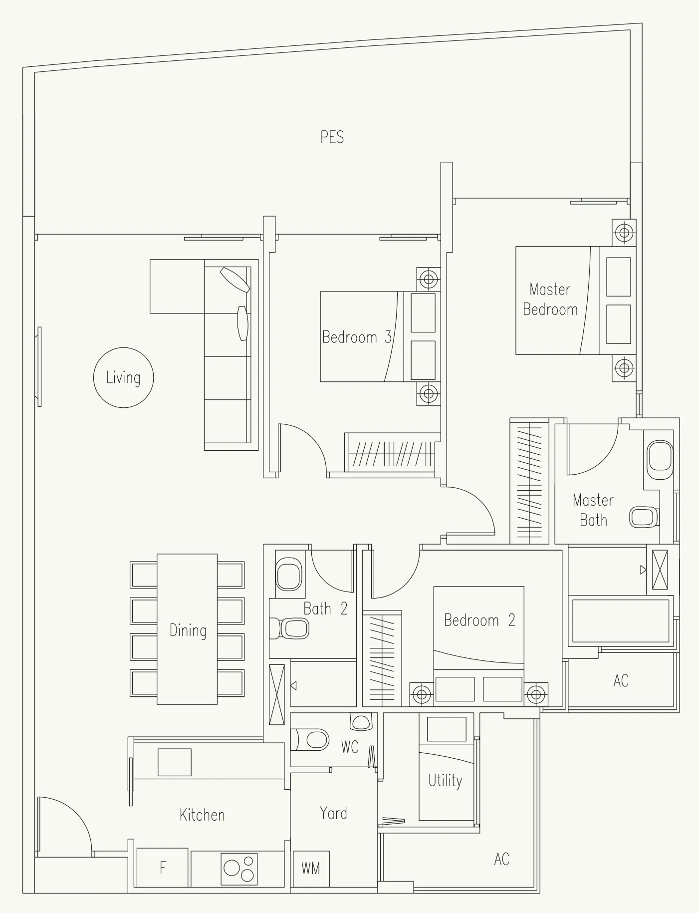 Waterscape at Cavenagh floor plan, type C-G: 3-Bedroom + Utility, 1,507 sq ft