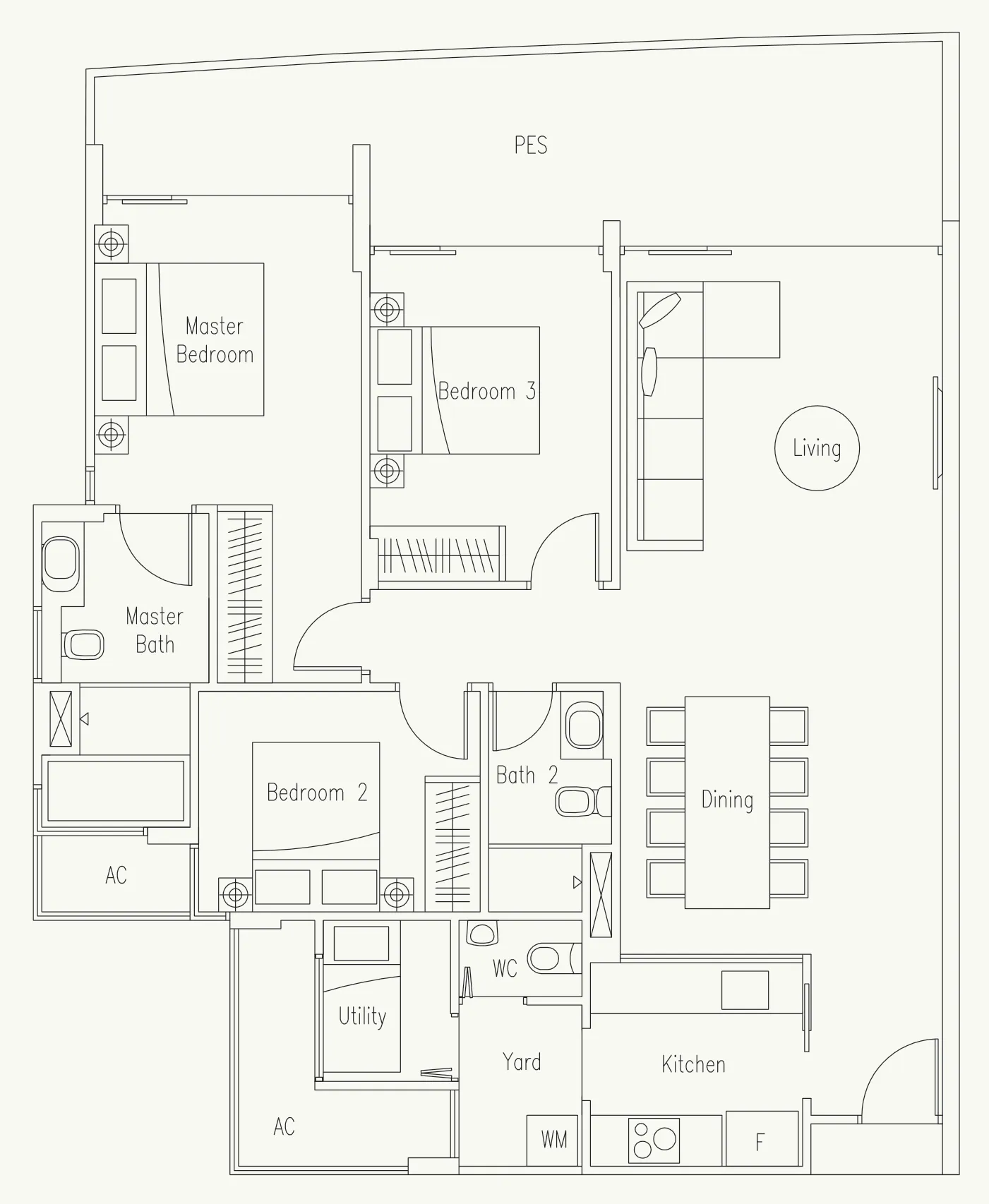 Waterscape at Cavenagh floor plan, type C-G1: 3-Bedroom + Utility, 1,410 sq ft