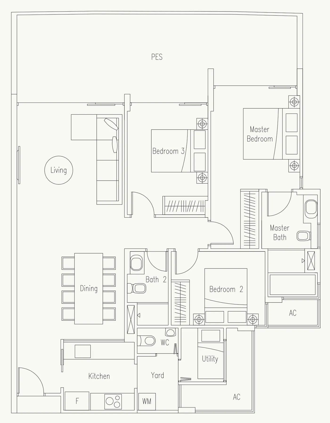 Waterscape at Cavenagh floor plan, type C-G2: 3-Bedroom + Utility, 1,507 sq ft