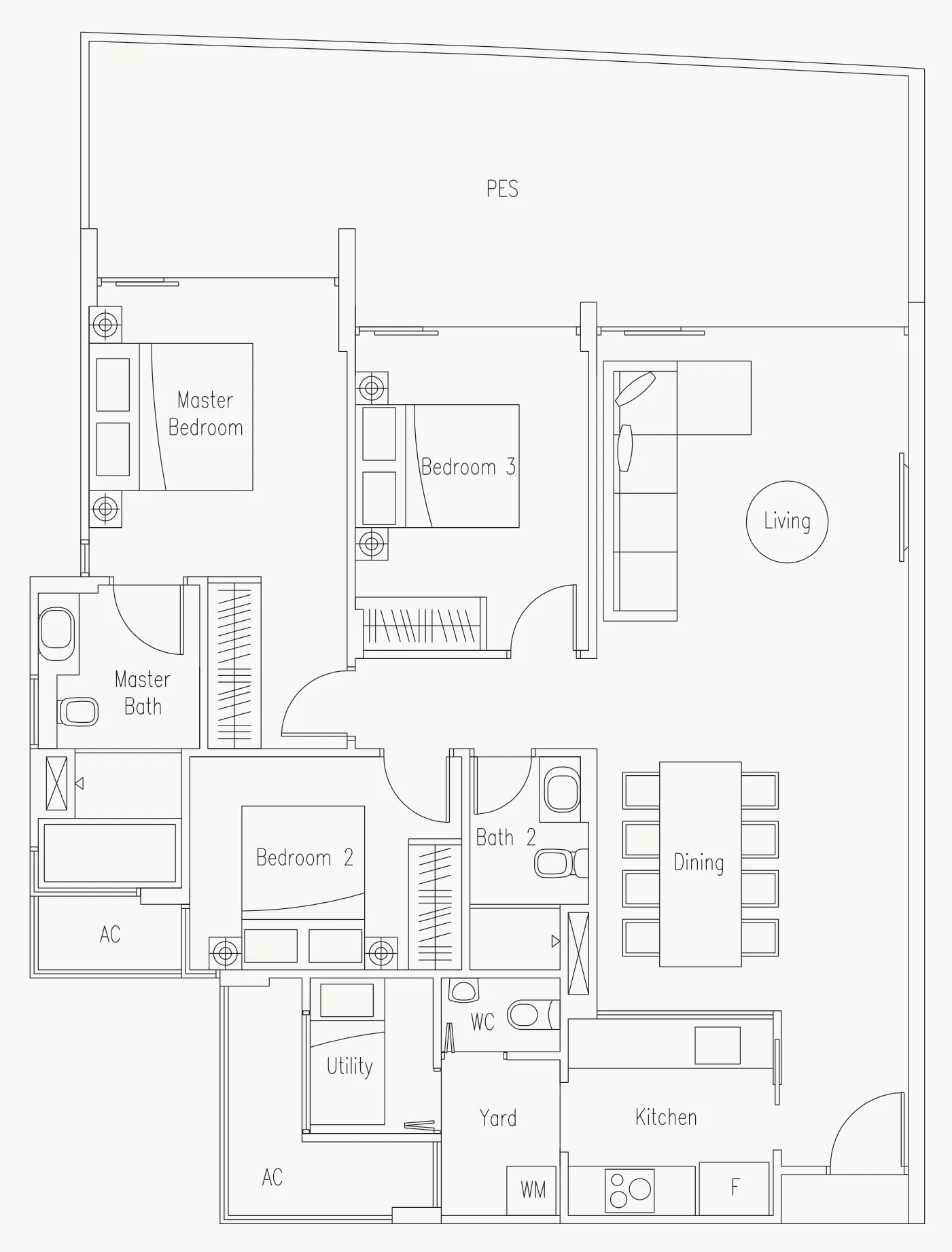 Waterscape at Cavenagh floor plan, type C-G3: 3-Bedroom + Utility, 1,528 sq ft