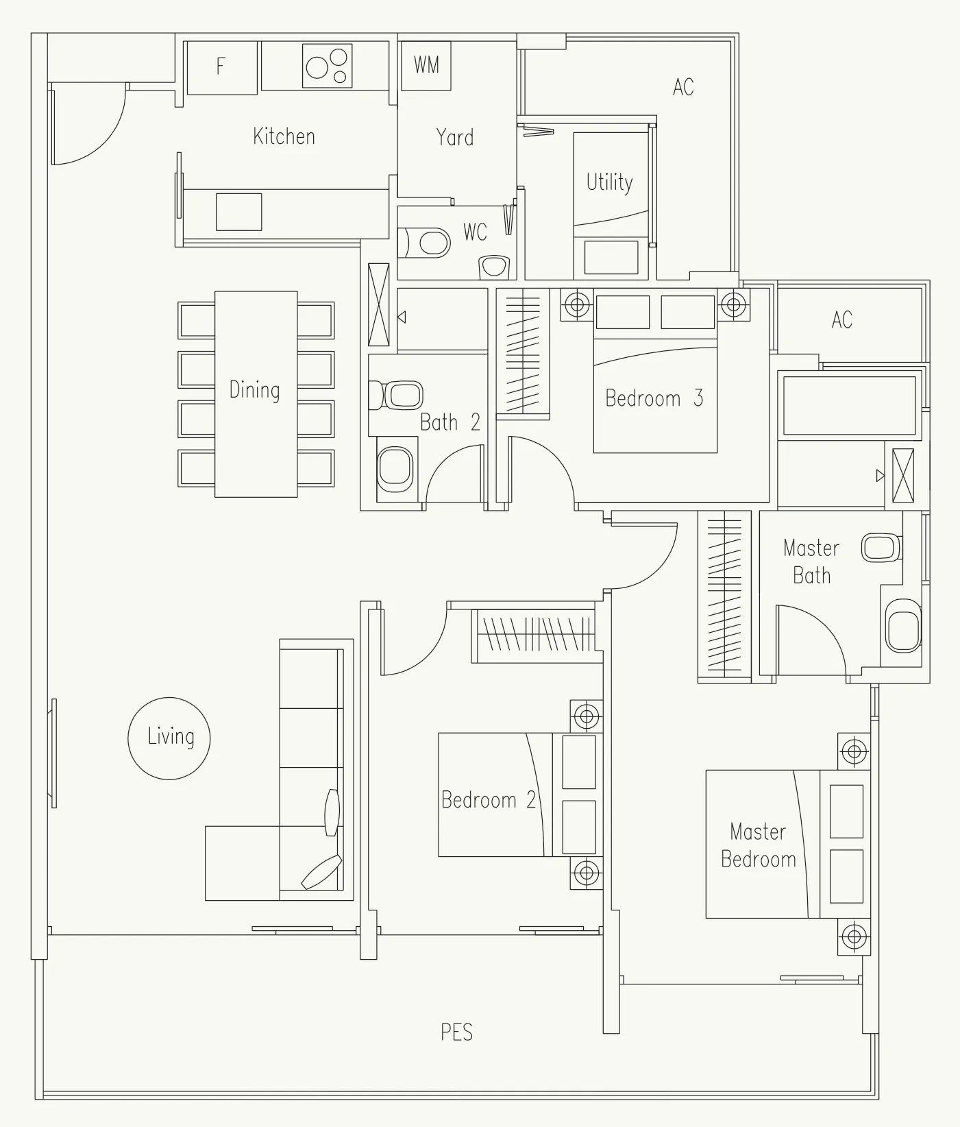 Waterscape at Cavenagh floor plan, type C-G4: 3-Bedroom + Utility, 1,378 sq ft
