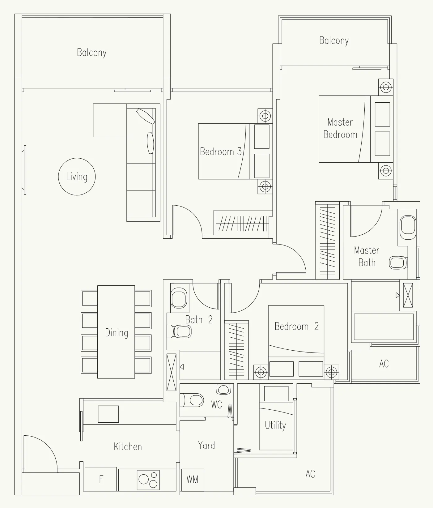 Waterscape at Cavenagh floor plan, type C: 3-Bedroom + Utility, 1,313 sq ft