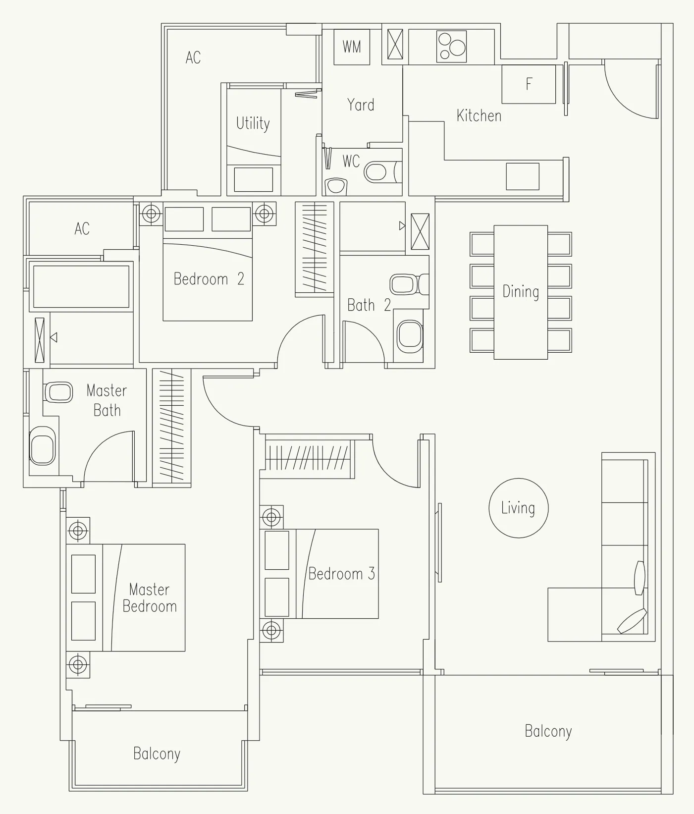 Waterscape at Cavenagh floor plan, type C1: 3-Bedroom + Utility, 1,302 sq ft