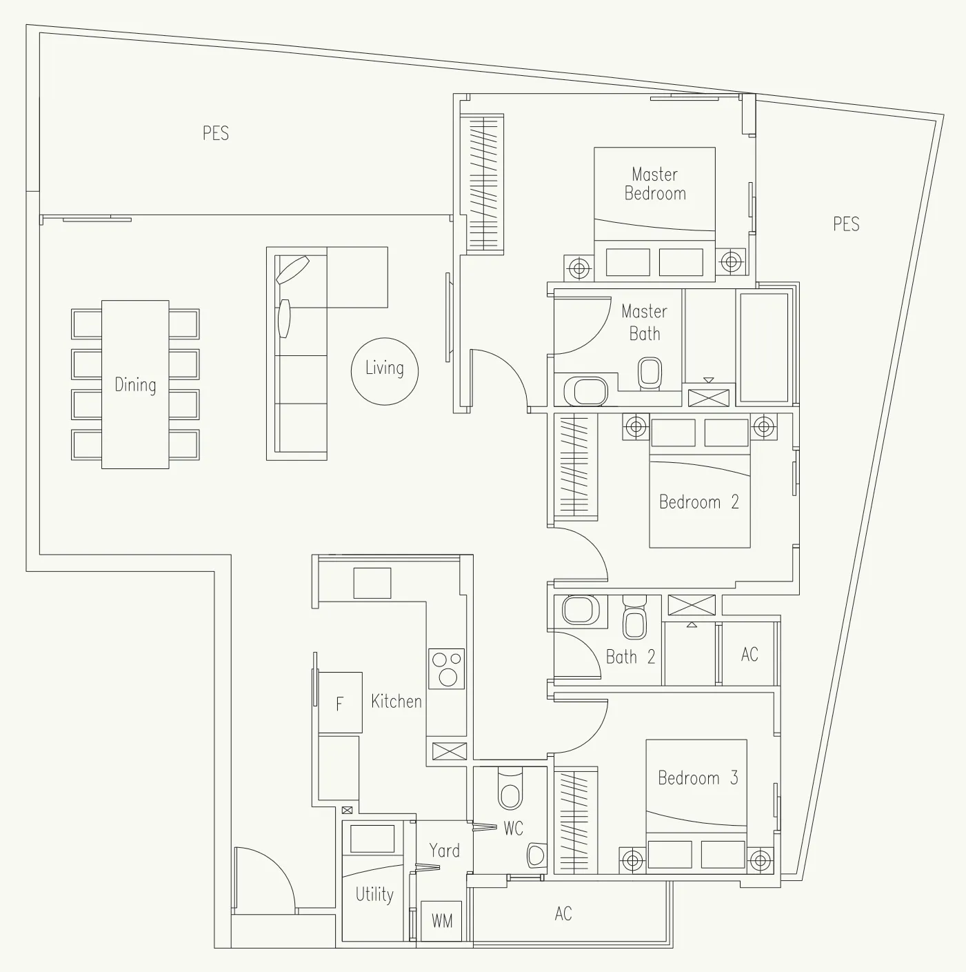 Waterscape at Cavenagh floor plan, type C2-G: 3-Bedroom + Utility, 1,539 sq ft